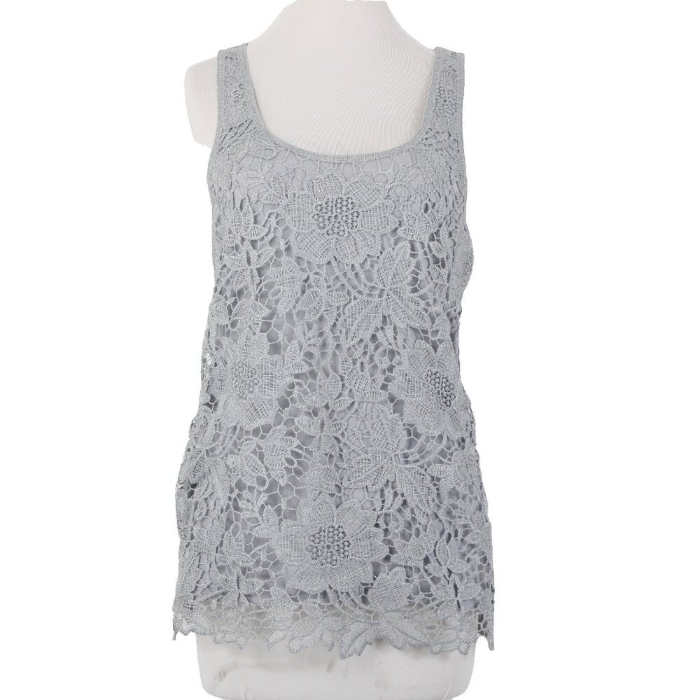 Express Top Sz M Gray Embroidered Lined Tank Metallic Polyester Top